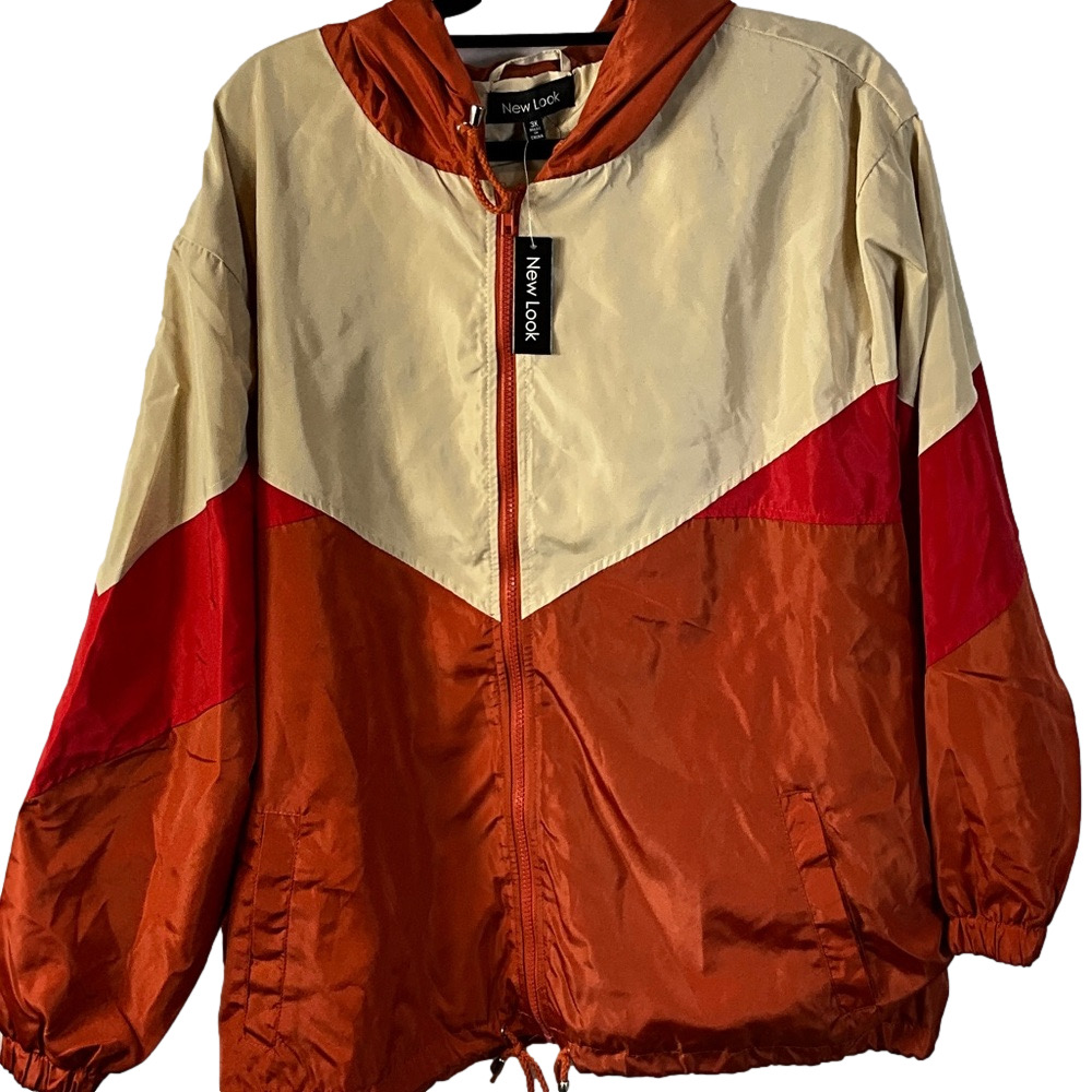 New Look Color-Block Red and Orange Hooded Zip Up Windbreaker Jacket Size 3X